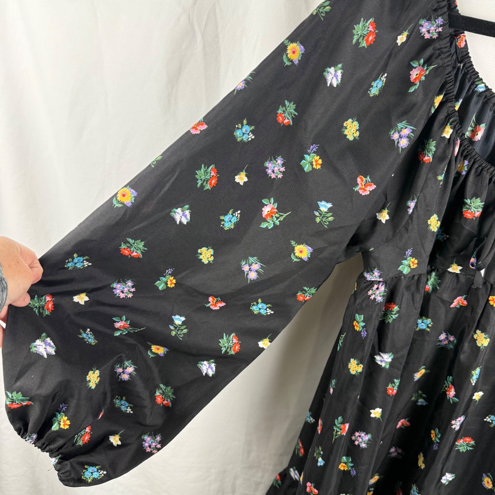 Vintage Black Balloon Sleeve Ditsy Dark‎ Floral Midi Peasant Dress Whimsigoth 12 - Picture 6 of 12